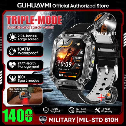 New Rugged Military Smart Watch Men 1400 mAh battery 2.01inch AMOLED Bluetooth Call 10ATM Waterproof LED flashlight Smart watch