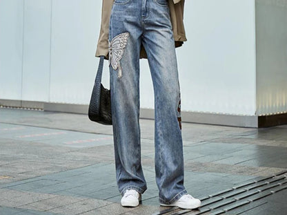 Womens Jeans High Waist Shot Denim Pants for Women Graphic Straight Leg Butterfly Trousers with Print Pattern Basics Z on Sale A