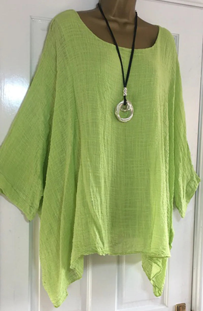 2024 Women t-shirts Plus Size 5XL T-Shirt Linen O Neck Casual Loose Shirt Summer Autumn New Solid Batwing Long Sleeve