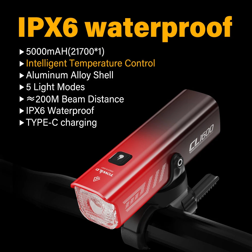 TOWILD CL1600LM Bicycle Light 5000mAh Bike Light IPX6 Flashlight Aluminum Front Lamp Type-C Charging MTB Road Cycling Headlights