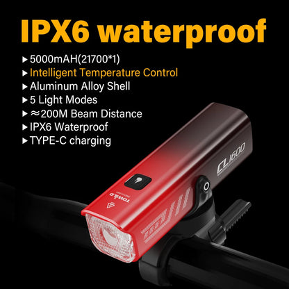 TOWILD CL1600LM Bicycle Light 5000mAh Bike Light IPX6 Flashlight Aluminum Front Lamp Type-C Charging MTB Road Cycling Headlights