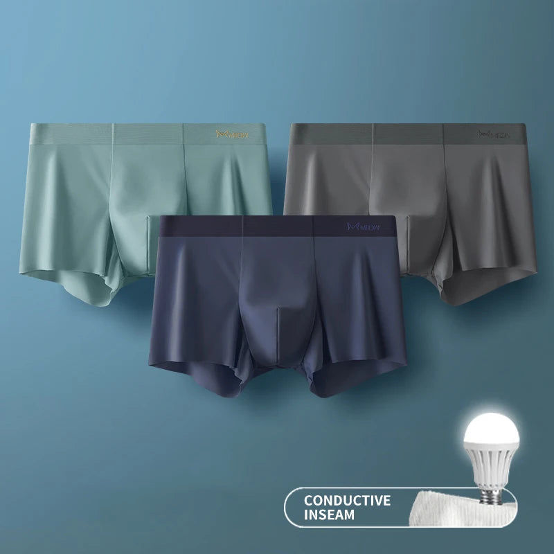 MIIOW 3Pcs Ice Silk Man Underwear Boxer Metal Fiber Antistatic Men Underpants Seamless Cut Hem Men&