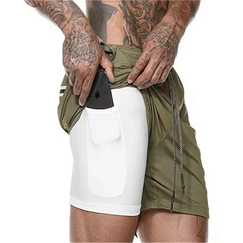 Men Fitness Built-in pocket sports Shorts Summer 2 In 1 Quick Dry Gym Beach shorts Running Double-deck Shorts mesh sweatpants