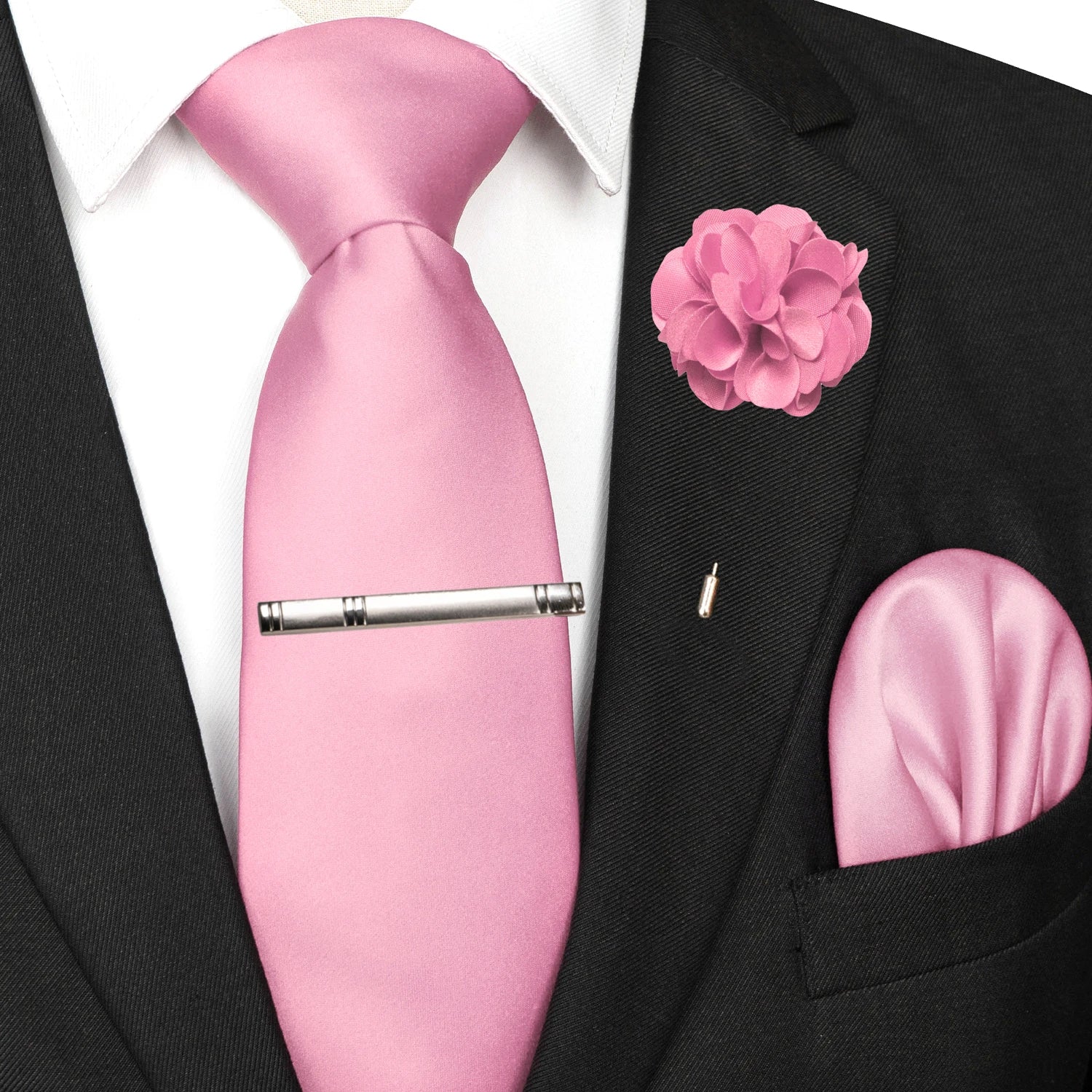 Mens Colors Solid Tie and Lapel Pin Necktie Pocket Square and Tie Clip Sets for Business Casual 4PCS