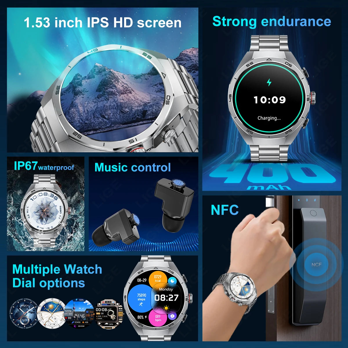 2025 New NFC Smart Watch with Earphones Bluetooth Earplugs Call Health Monitor Sports Music Headset Smartwatch for IOS Android