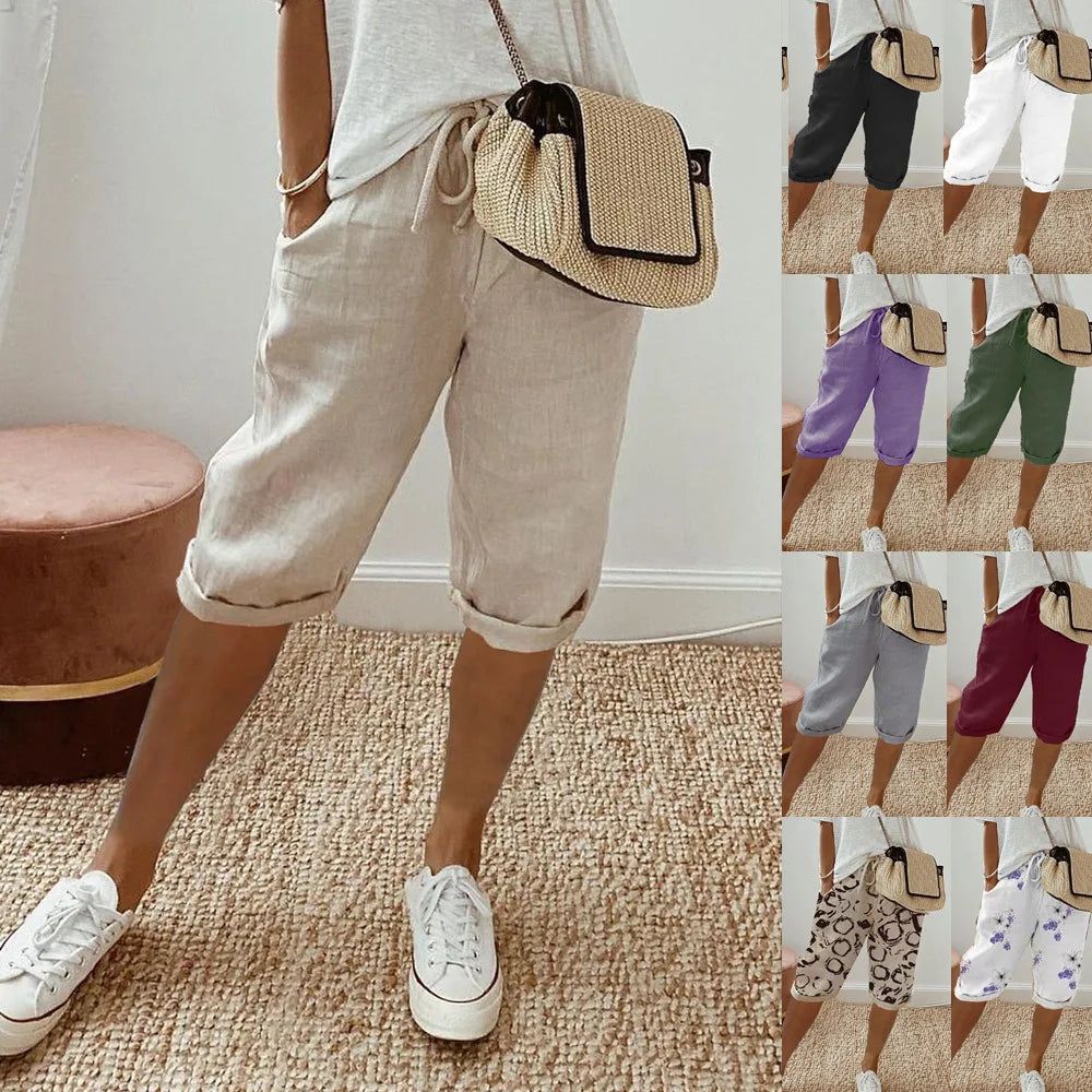 Shorts Women summer cotton linen elastic waist pocket elastic casual pants five quarter women&