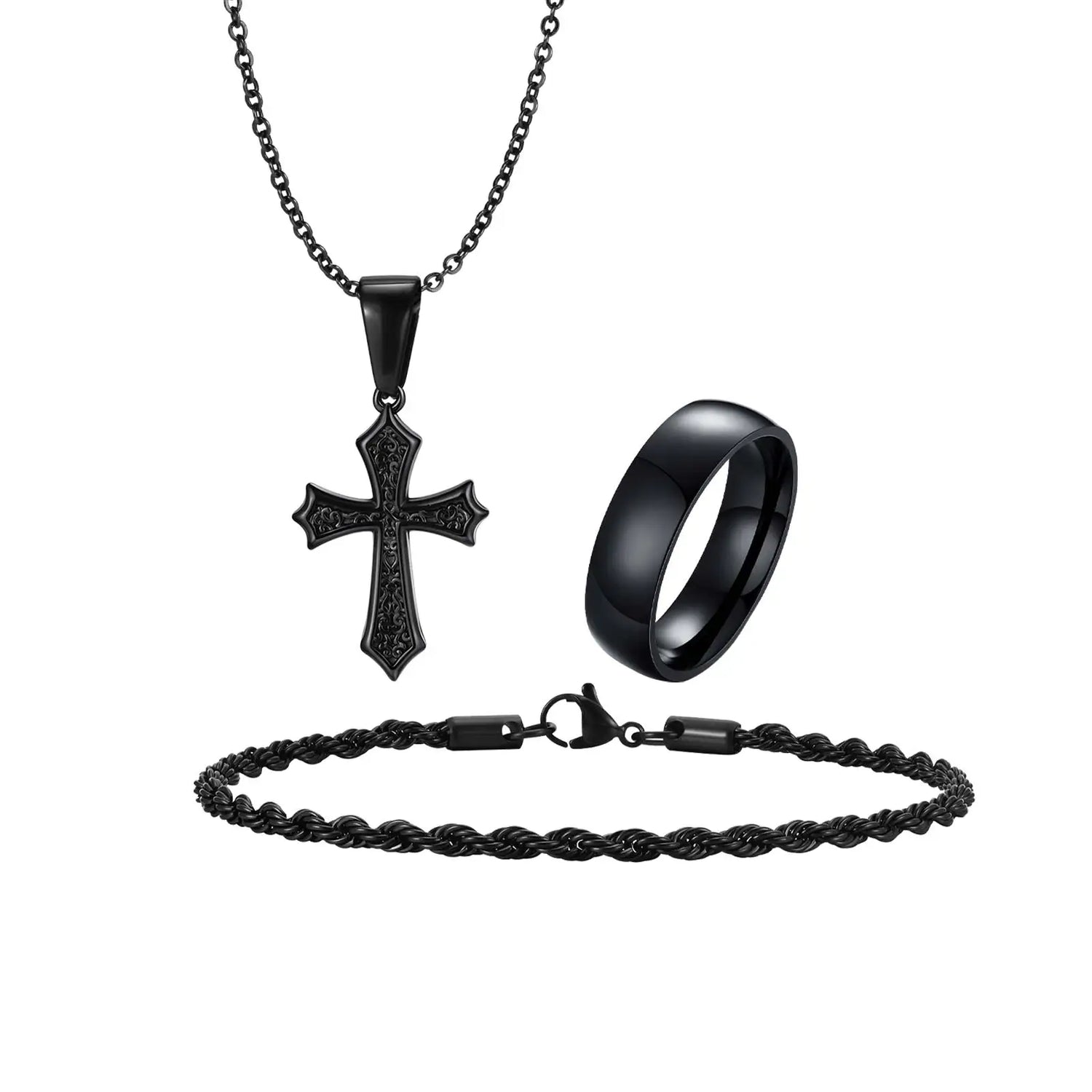 3pcs Dainty Cross Necklace Set for Men Boys,Waterproof Stainless Steel Chain Bracelet,Fashion Cool Male Jewelry Set Gift