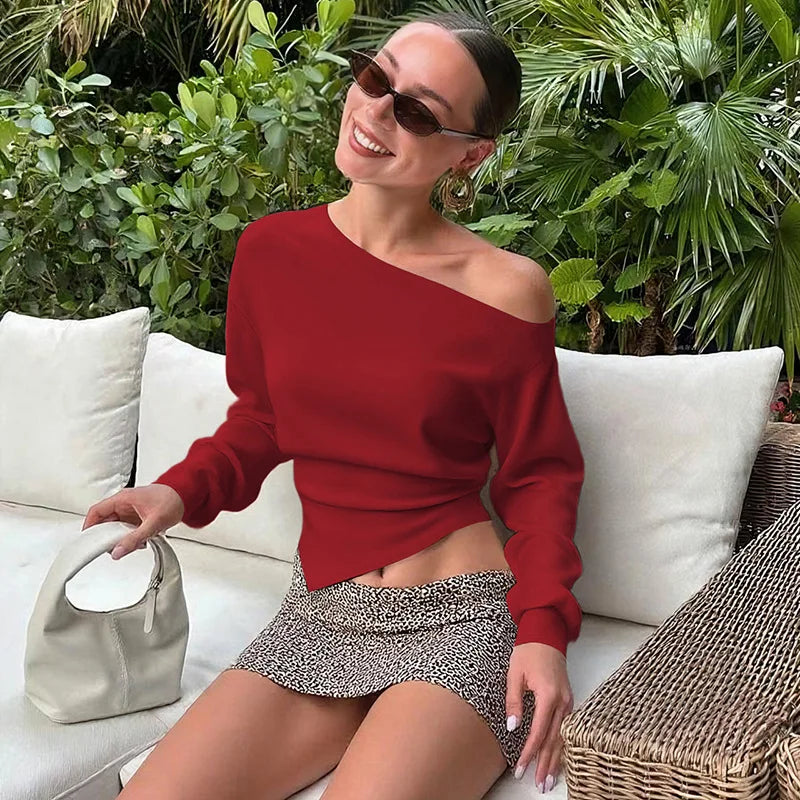 Talenza Women Casual Top Fashion Slim Slit Long Sleeve Pullover Top Sexy Strapless Pleated New Party Looks Top Female Streetwear