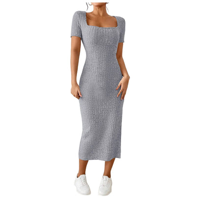 Summer Dresses For Women 2026 Summer Ribbed Short Sleeve Bodycon Maxi Dress Side Slit Knit Square Neck Long Robe Vestidos