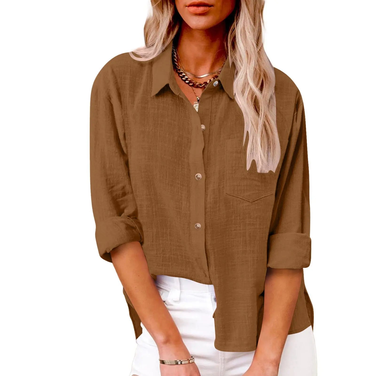 Women Casual Loose Solid Shirt Spring Summer Fashion Elegant Long Sleeve Button Office Holiday Top Shirts Blouses Women Casual