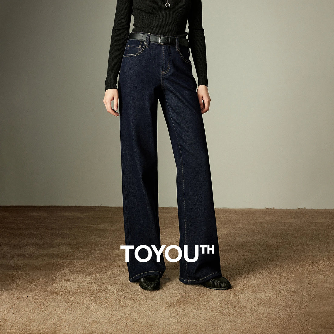 TOYOUTH Women Jeans 2025 Winter New Wool-Blend Elastic Retro Original Color Mid-Low Waist Wide-Leg Trousers
