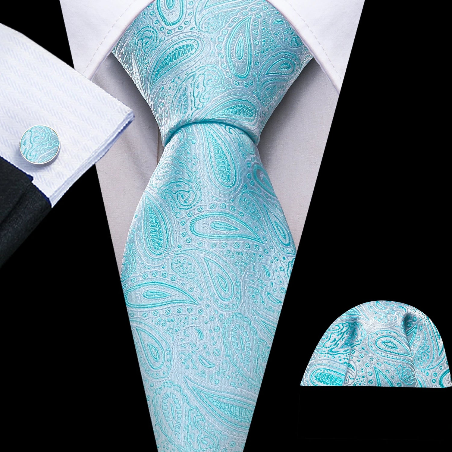 Barry.Wang Navy Royal Sky Blue Silk Men Tie Hanky Cufflinks Set Jacquard Teal Cyan Turquoise Necktie for Male Wedding Business