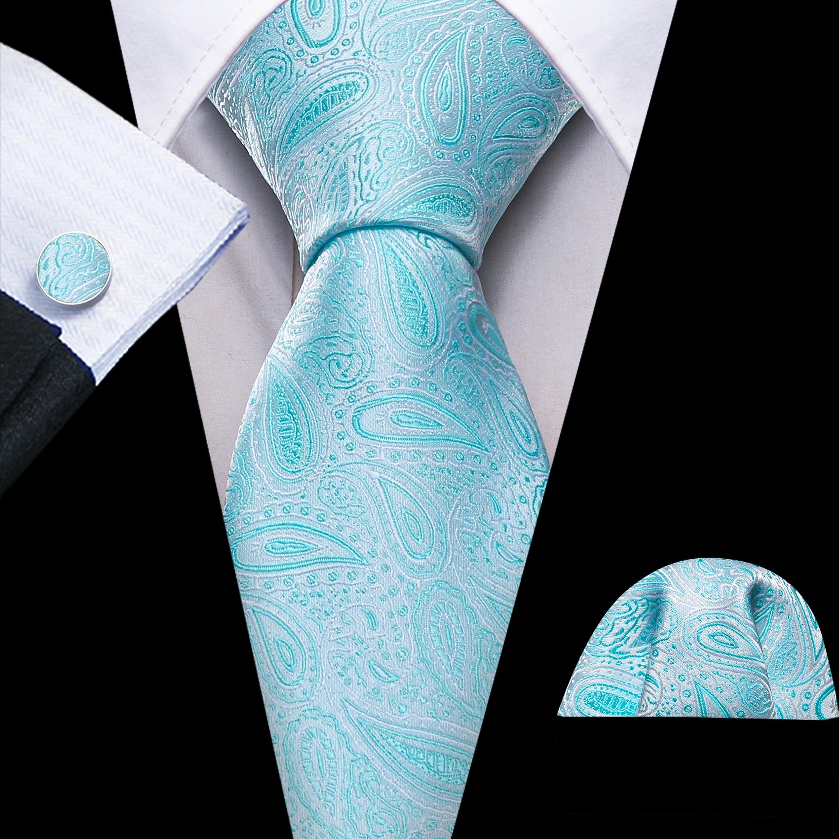 Barry.Wang Navy Royal Sky Blue Silk Men Tie Hanky Cufflinks Set Jacquard Teal Cyan Turquoise Necktie for Male Wedding Business