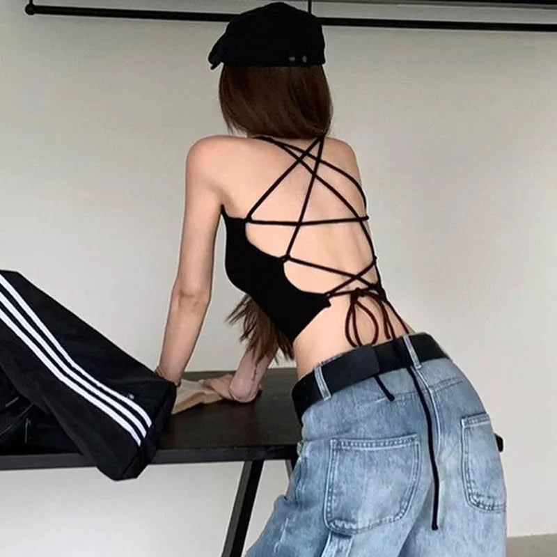 Y2K Backless Crop Top for Women Sleeveless Sexy Cute Black Vest Tank Top Summer Fashion Cropped Vest 2000s Style Female Clothing