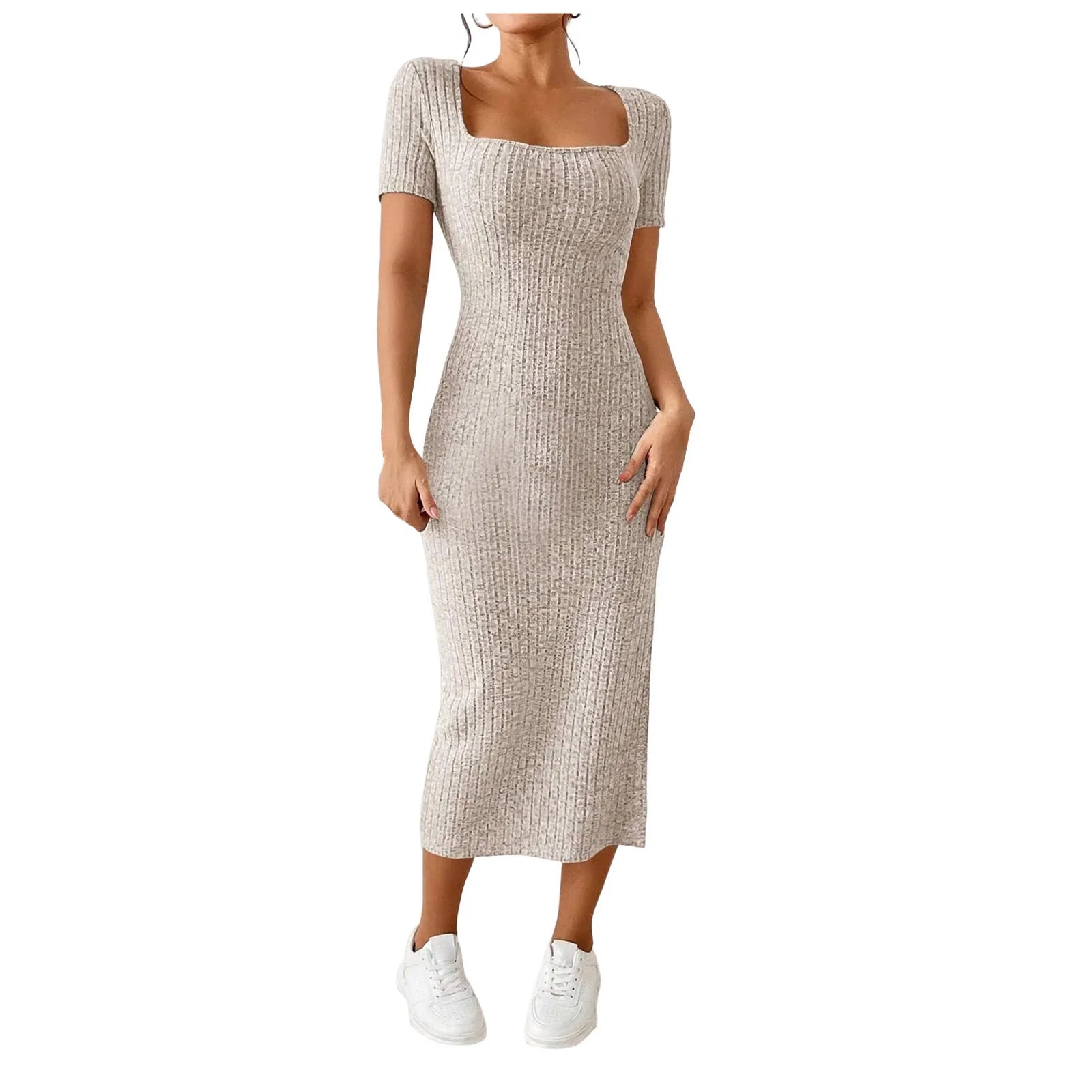 Summer Dresses For Women 2026 Summer Ribbed Short Sleeve Bodycon Maxi Dress Side Slit Knit Square Neck Long Robe Vestidos