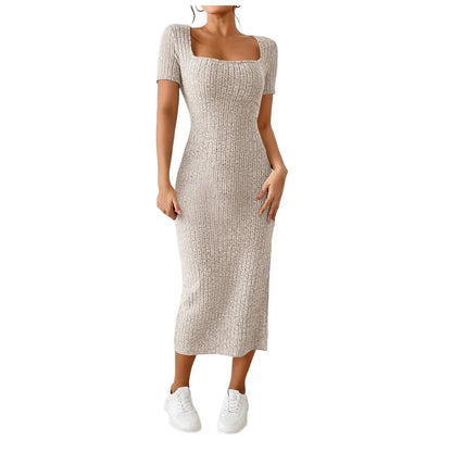 Summer Dresses For Women 2026 Summer Ribbed Short Sleeve Bodycon Maxi Dress Side Slit Knit Square Neck Long Robe Vestidos