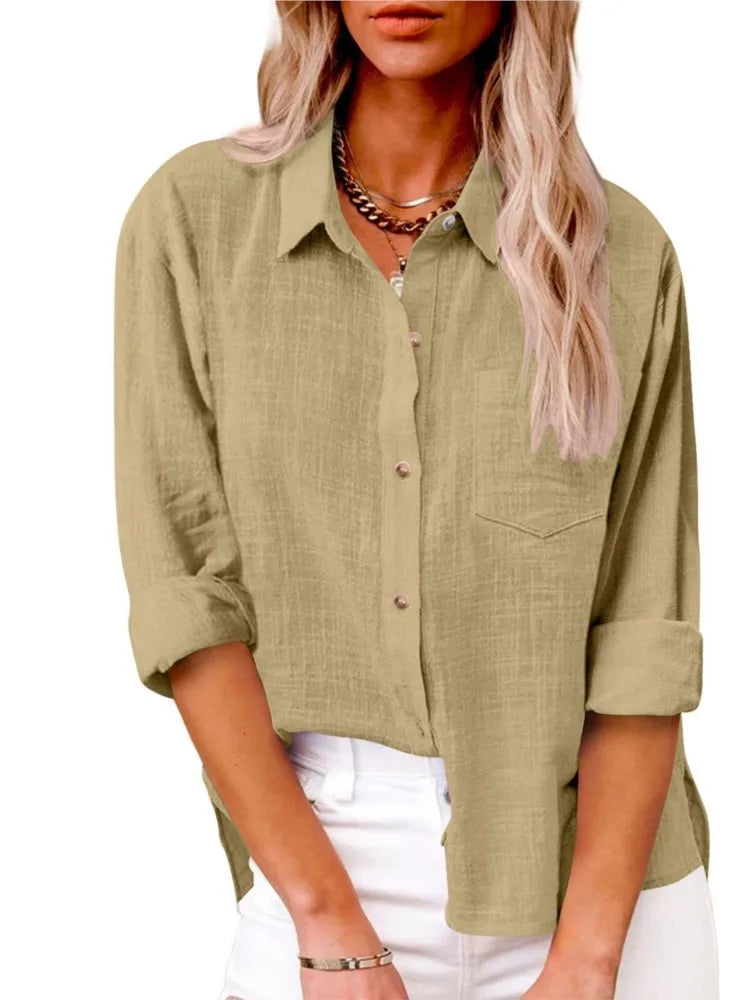 Women Casual Loose Solid Shirt Spring Summer Fashion Elegant Long Sleeve Button Office Holiday Top Shirts Blouses Women Casual