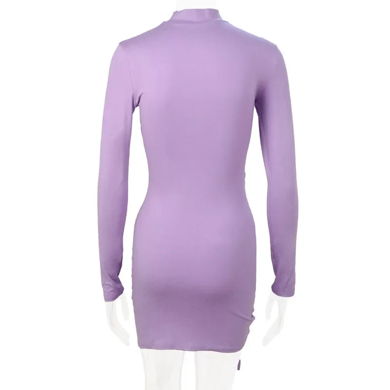 New Dresses 2025 Woman Fashion Summer High-neck Purple Long-sleeved Pleated Tie-up Dress Skirt Women&