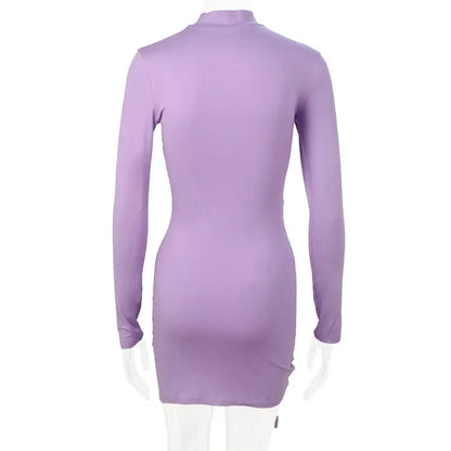 New Dresses 2025 Woman Fashion Summer High-neck Purple Long-sleeved Pleated Tie-up Dress Skirt Women&