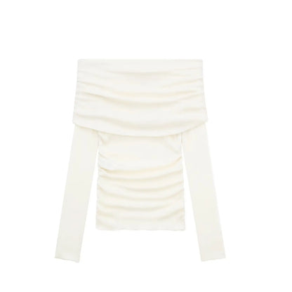 HH 2025 Woman Sexy Off Shoulder Long Sleeve T-Shirts Cotton Top New Women Short Ruched Simple Basic Translucent Tshirts