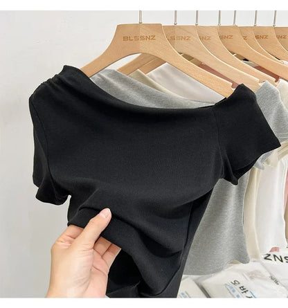 Womens Long Sleeve Off Shoulder T Shirts 2026 Tight Knit Sexy Slim Fitted Casual Women&