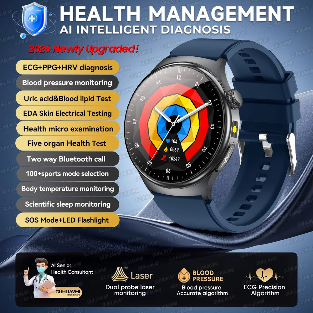 2026 New Micro Physical Examination Health SmartWatch Men ECG Uric Acid Lipids Blood Pressure BT Call Smartwatch For Android IOS