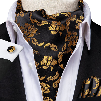 Hi-Tie Silk Mens Ascot Hanky Cufflinks Set Black Yellow White Paisley Cravat Tie Vest Dress Ascots Self Vintage Jacquard Woven