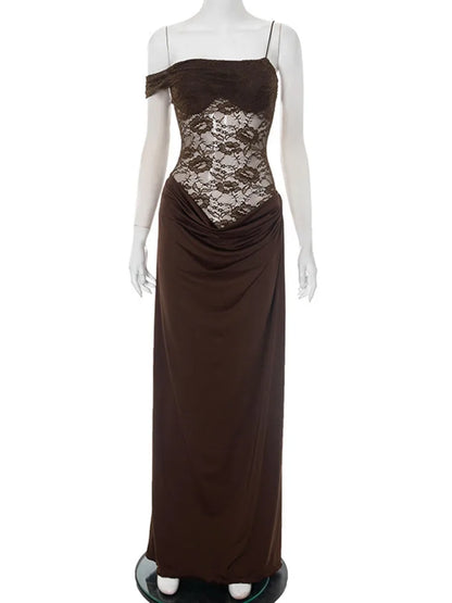 Mozision One Shoulder Lace See Through Sexy Maxi Dress Women Gown Fashion Off-shoulder Sleeveless Backless Club Long Dresses