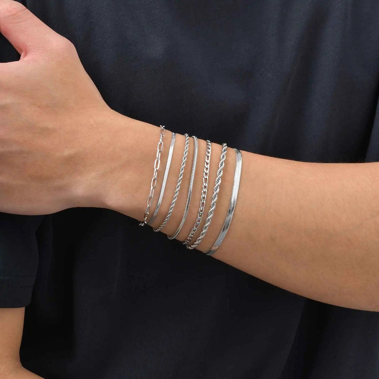 7pcs/set Simple Chain Bracelet for Men Women,Stainless Steel Silver Color Metal Chain Wristband,Basic Layered Jewelry Gift