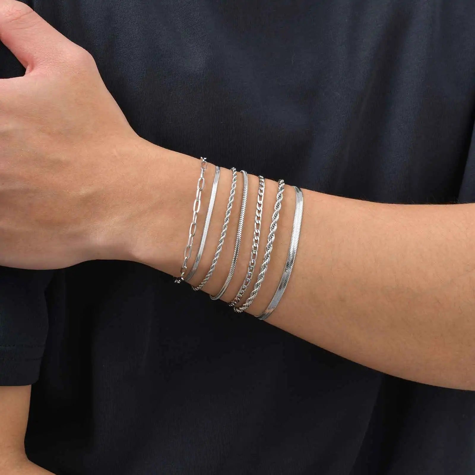 7pcs/set Simple Chain Bracelet for Men Women,Stainless Steel Silver Color Metal Chain Wristband,Basic Layered Jewelry Gift