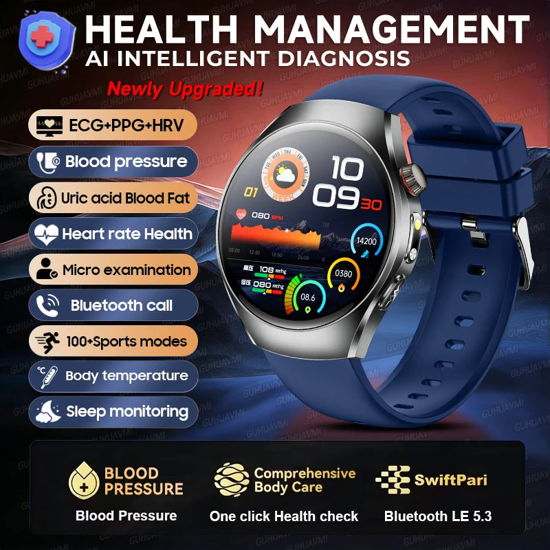 2026 New Accurate Body Health analysis Smart Watch Men ECG Blood lipids Uric acid Blood Pressure Body Fat Voice Call Smartwatch