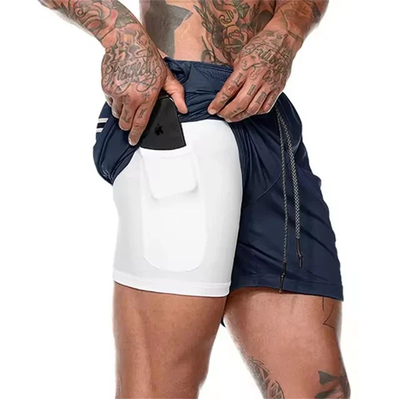 Men Fitness Built-in pocket sports Shorts Summer 2 In 1 Quick Dry Gym Beach shorts Running Double-deck Shorts mesh sweatpants