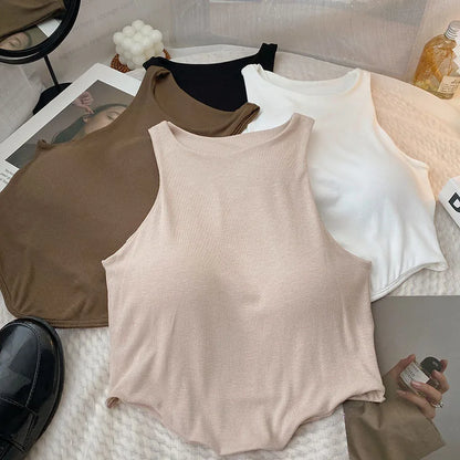 Summer Women Tank Tops Solid Color Camisole with padded Bra sexy Off Shoulder O Neck Elastic Tank Top Casual Sport Vest