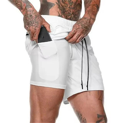 Men Fitness Built-in pocket sports Shorts Summer 2 In 1 Quick Dry Gym Beach shorts Running Double-deck Shorts mesh sweatpants