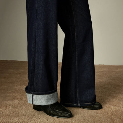 TOYOUTH Women Jeans 2025 Winter New Wool-Blend Elastic Retro Original Color Mid-Low Waist Wide-Leg Trousers