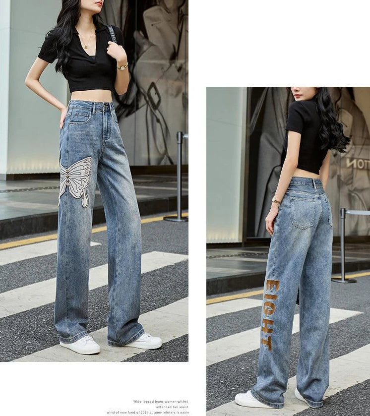 Womens Jeans High Waist Shot Denim Pants for Women Graphic Straight Leg Butterfly Trousers with Print Pattern Basics Z on Sale A