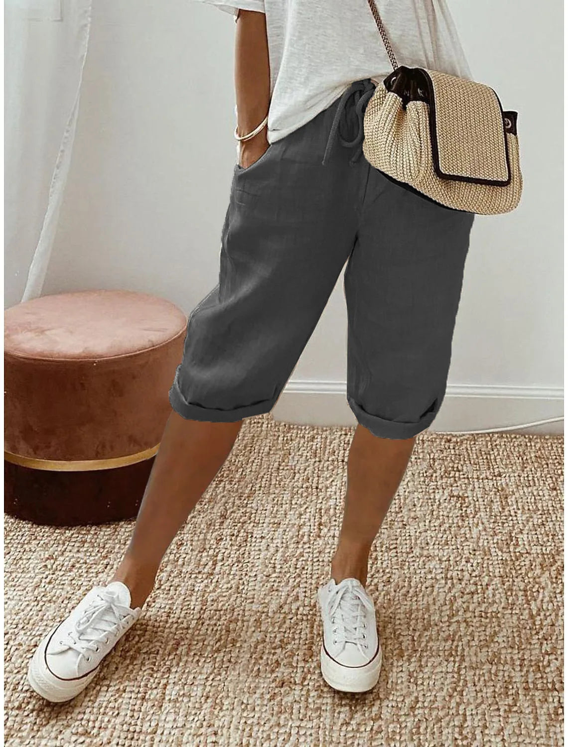 Shorts Women summer cotton linen elastic waist pocket elastic casual pants five quarter women&