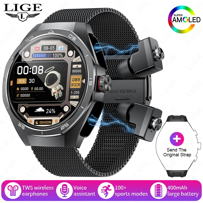 2025 New NFC Smart Watch with Earphones Bluetooth Earplugs Call Health Monitor Sports Music Headset Smartwatch for IOS Android