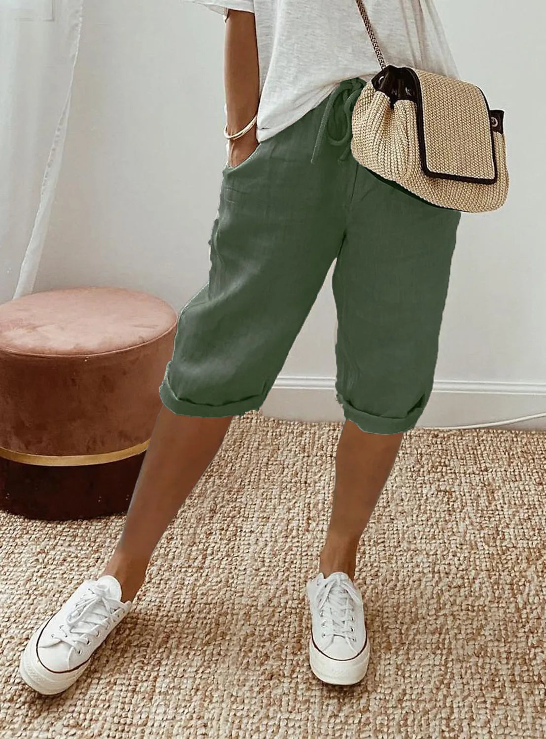 Shorts Women summer cotton linen elastic waist pocket elastic casual pants five quarter women&