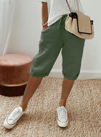 Shorts Women summer cotton linen elastic waist pocket elastic casual pants five quarter women&
