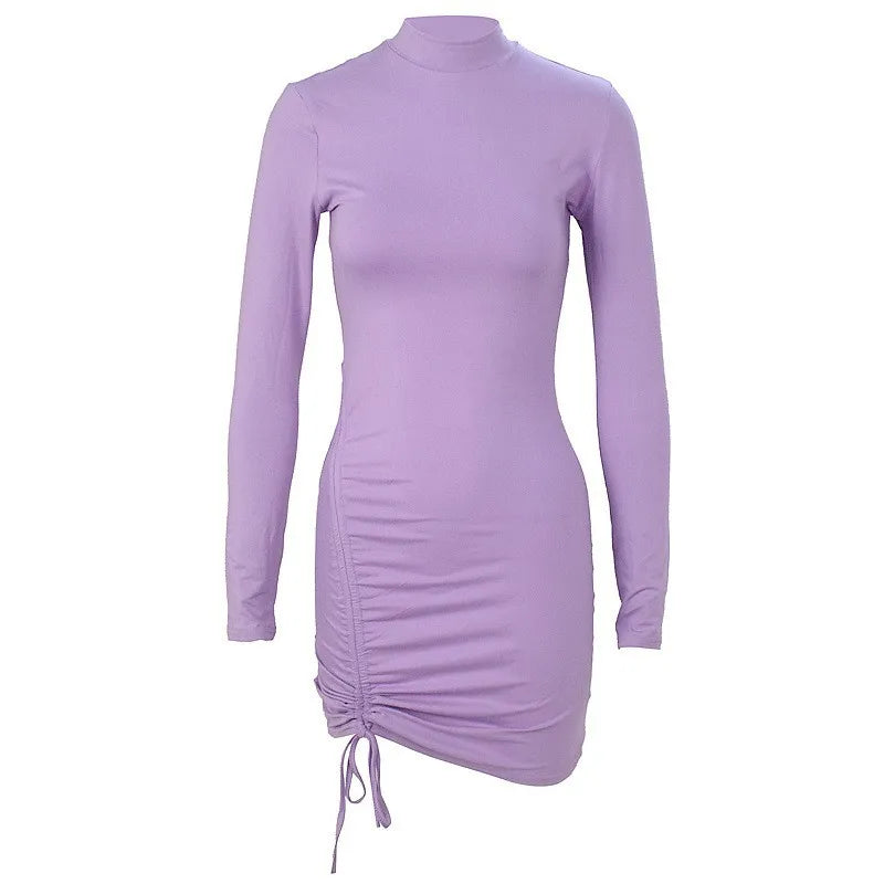 New Dresses 2025 Woman Fashion Summer High-neck Purple Long-sleeved Pleated Tie-up Dress Skirt Women&
