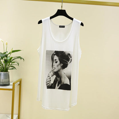 Women Long Tank Tops O-Neck Fashion Print Beauty&