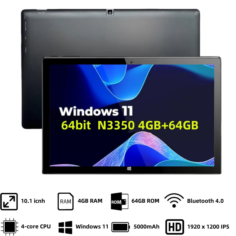 AR20 10.1" Windows 11 Tablet PC 4GB DDR RAM 64GB Intel Celeron N3350 Quad Core 1920 x 1200 HD IPS HD-MI Type-C Dual Camears