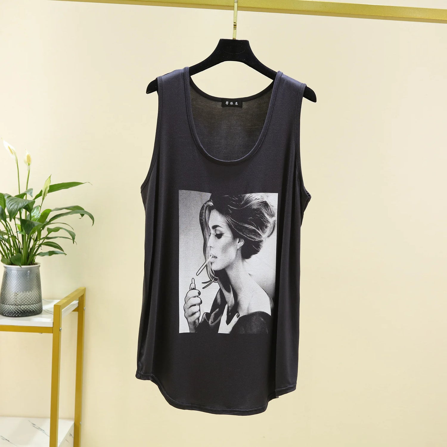 Women Long Tank Tops O-Neck Fashion Print Beauty&