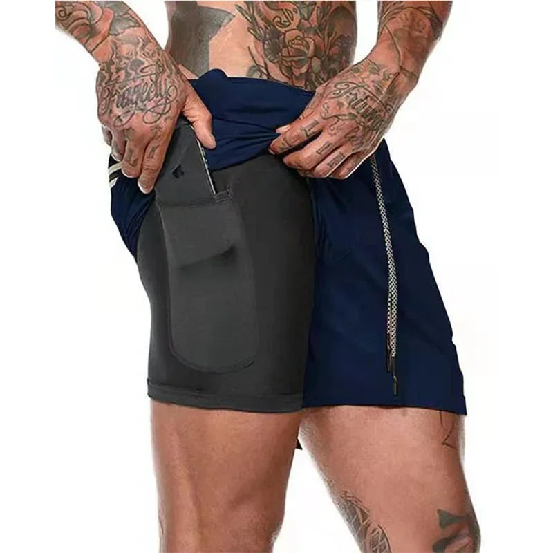 Men Fitness Built-in pocket sports Shorts Summer 2 In 1 Quick Dry Gym Beach shorts Running Double-deck Shorts mesh sweatpants