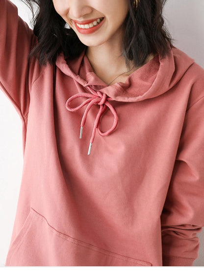 Women Hoodies 100% Cotton Spring Autumn Loose Long Sleeve Pullovers Solid Casual Ladies Outerwear Hooded Hoodie Womens Clothing