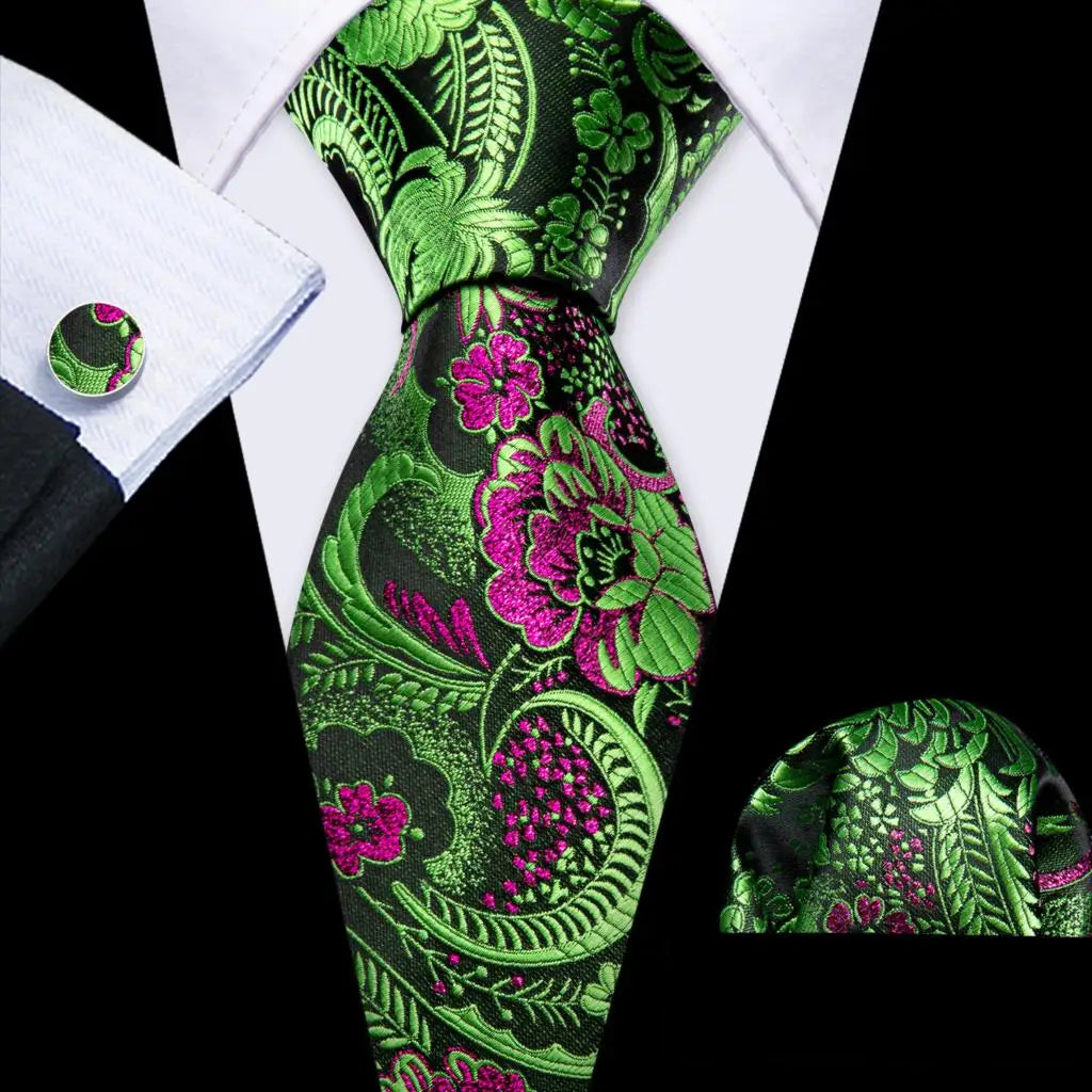 Barry.Wang Colorful Men Tie Handkerchief Cufflinks Set Novelty Floral Necktie for Male Designer Wedding Business Party Gift