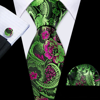 Barry.Wang Colorful Men Tie Handkerchief Cufflinks Set Novelty Floral Necktie for Male Designer Wedding Business Party Gift