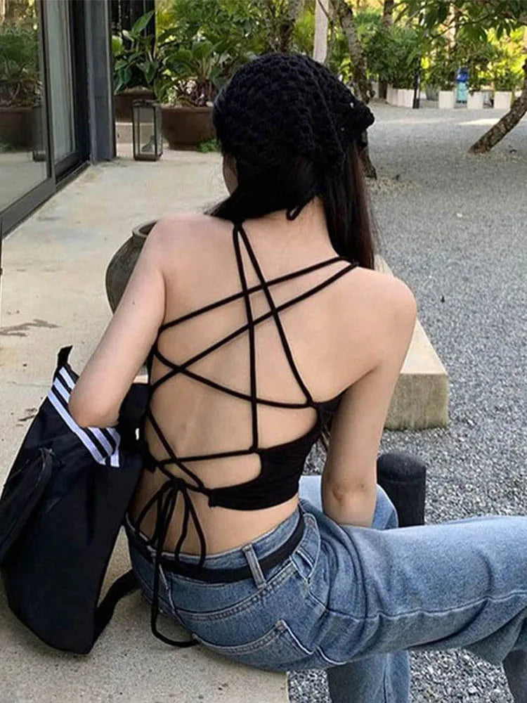 Y2K Backless Crop Top for Women Sleeveless Sexy Cute Black Vest Tank Top Summer Fashion Cropped Vest 2000s Style Female Clothing