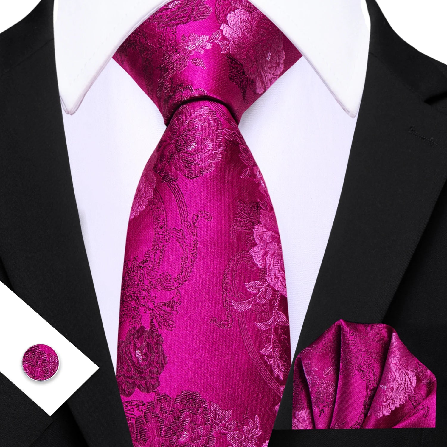 Barry.Wang Jacquard Watermelon &amp; Peach Pink Men Tie With Pocket Square Cufflinks Set Exquisiet Necktie For Male Wedding Business